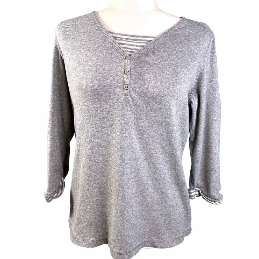 Karen‎ Scott Sport Gray Striped Trim V Neck 3 Button Henley Top Size M Cotton